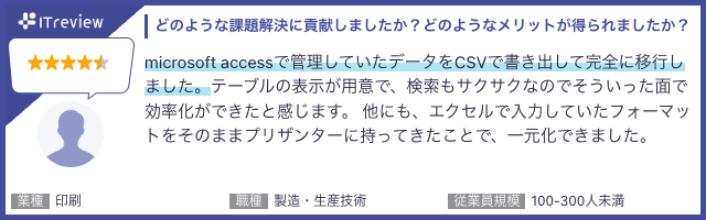 ITreview に投稿されたユーザーレビュー(星 4.5・印刷業・製造・生産技術・100〜300 人未満)。「microsoft access で管理していたデータを CSV で書き出して完全に移行しました。テーブルの表示が用意で、検索もサクサクなので効率化ができたと感じます」