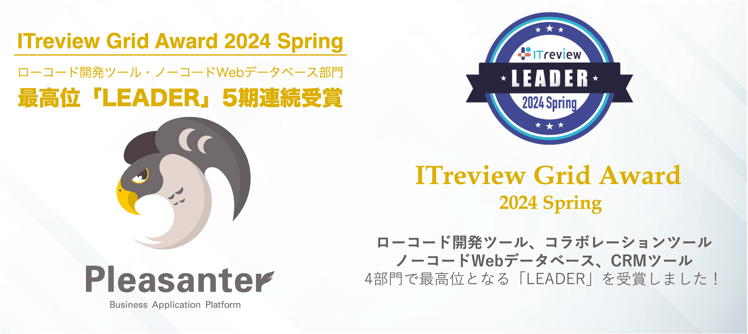 ITreview Grid Award 2024 Spring で最高位 LEADER を 5 期連続受賞(ローコード開発ツール・コラボレーションツール・ノーコード Web データベース・CRM ツールの 4 部門)
