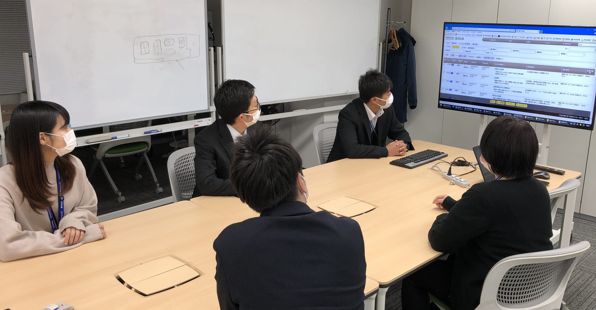 会議室のモニターにプリザンターの画面を映して打ち合わせをする、株式会社日立システムズフィールドサービスのご担当者の写真